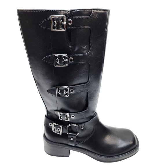 Wild Table Black Leather Knee-High Boot Side Buckles Zipper Closure Women SZ 10 - Picture 6 of 7